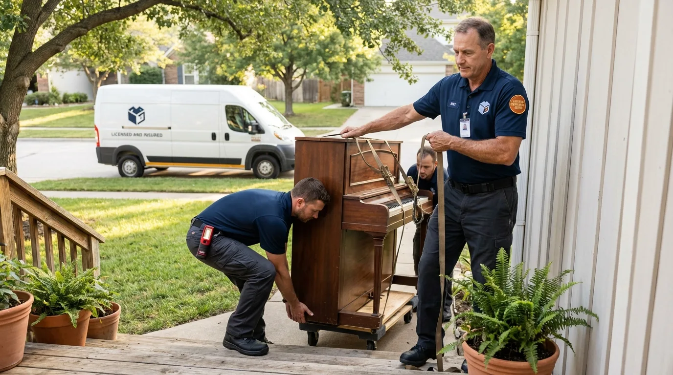 Licensed piano movers securing grand piano in Louisburg, KS
