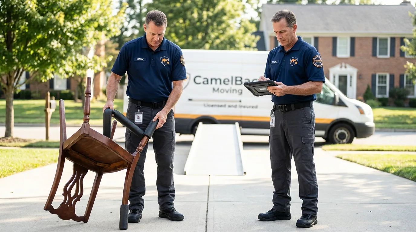 Movers inspecting furniture for damage prevention before loading in Louisburg, KS