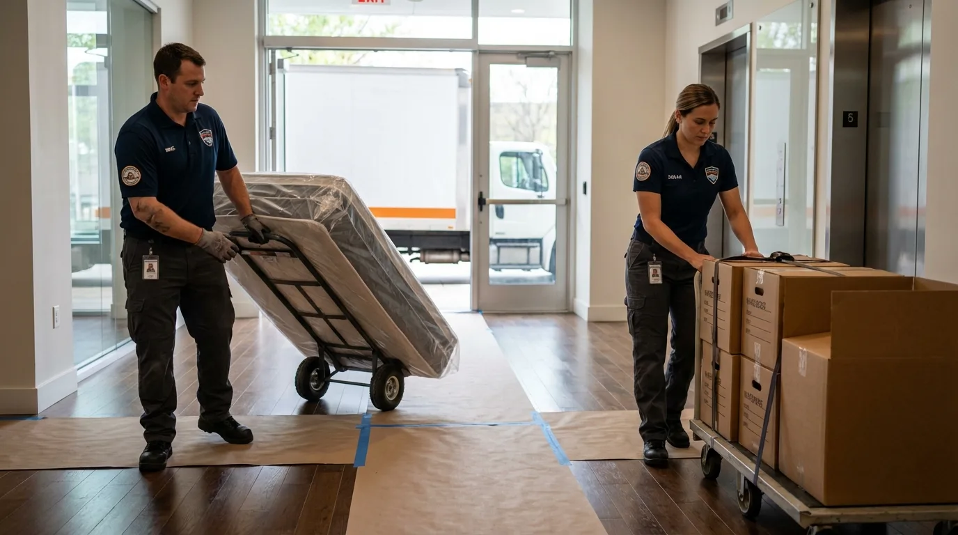 Professional apartment movers loading elevator in Louisburg, KS