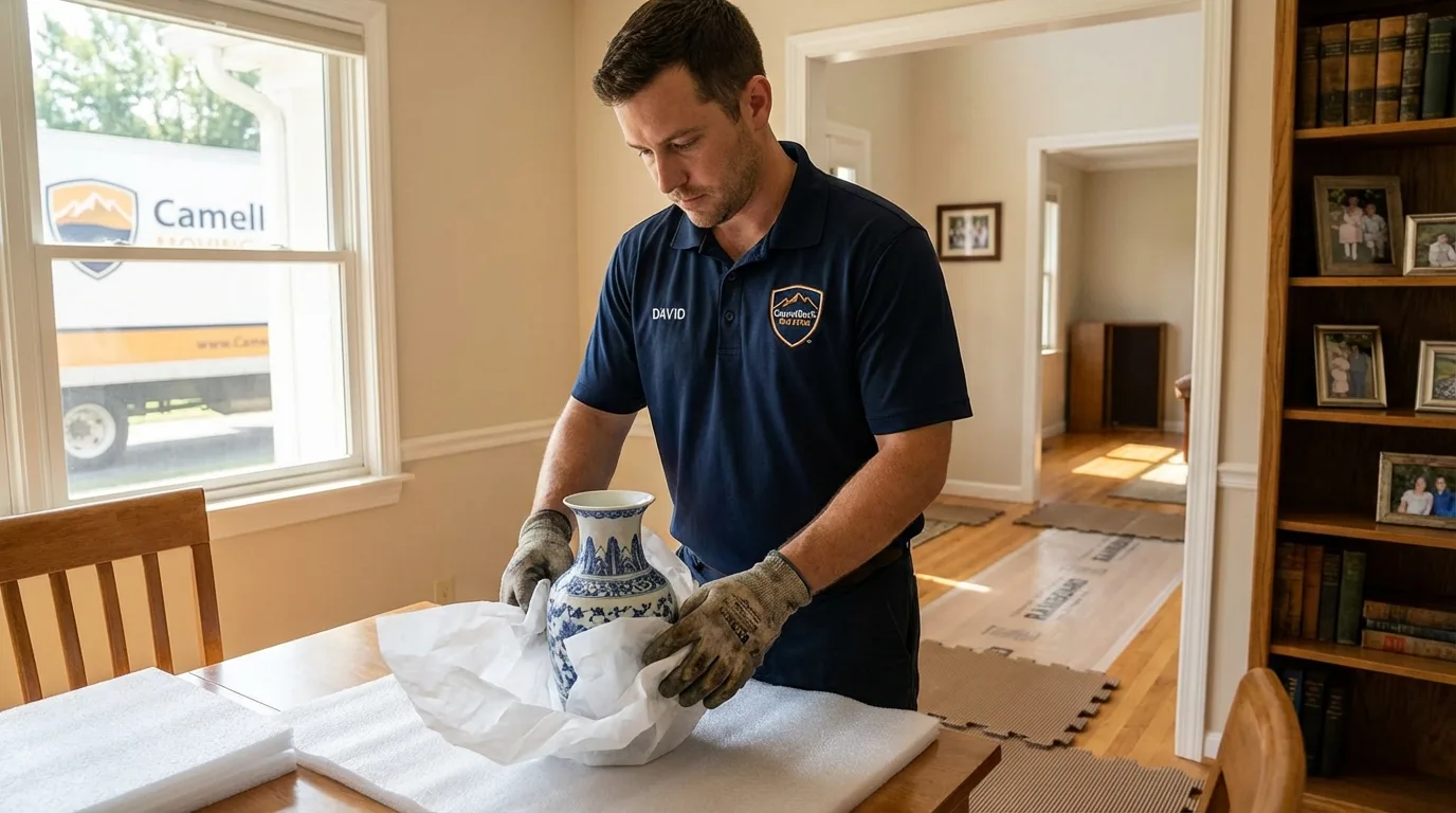 Professional crew carefully wrapping antique vase for senior downsizing move in Louisburg, KS